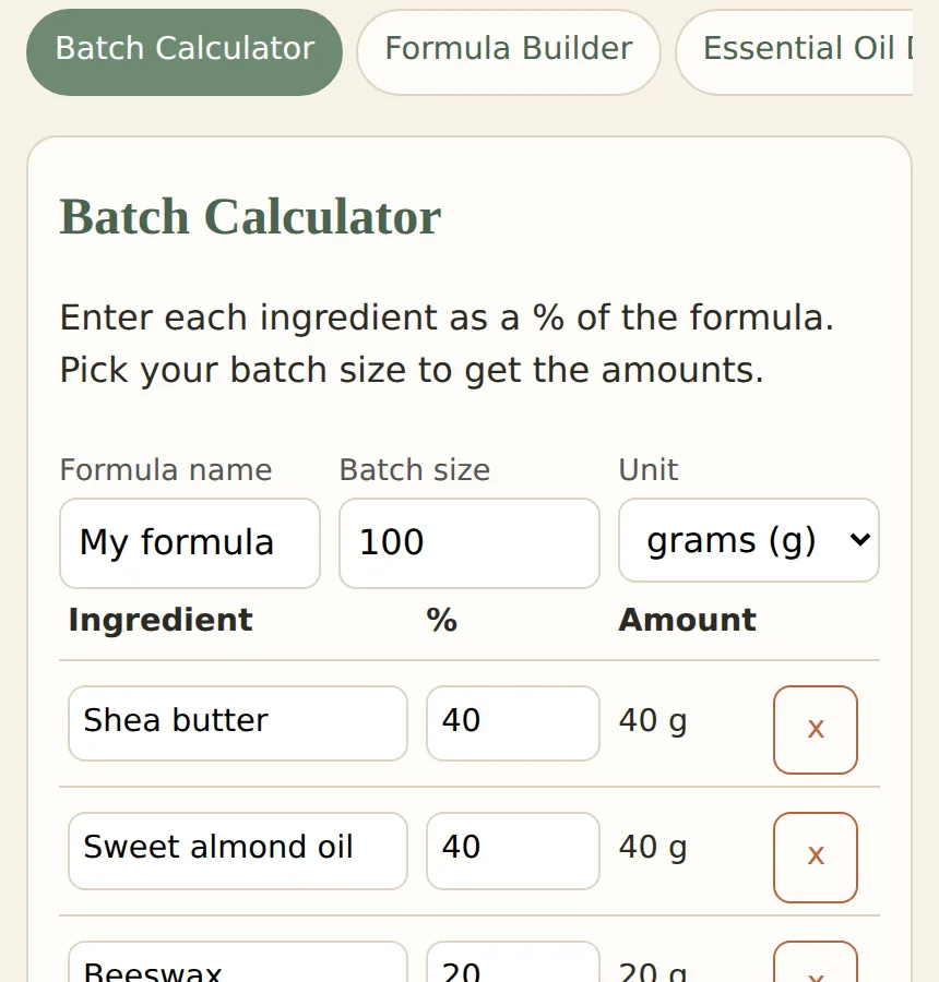 The batch calculator in the Formulator's Studio app turning ingredient percentages into grams