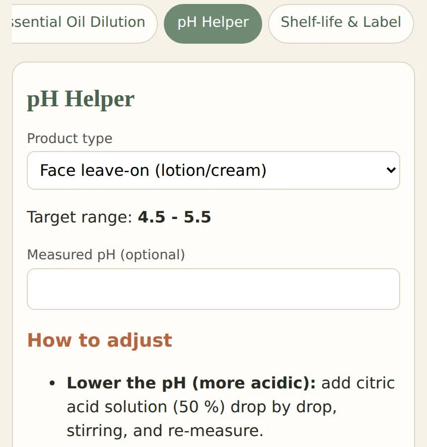 The pH helper in the Formulator's Studio app with a 4.5–5.5 target for a face lotion