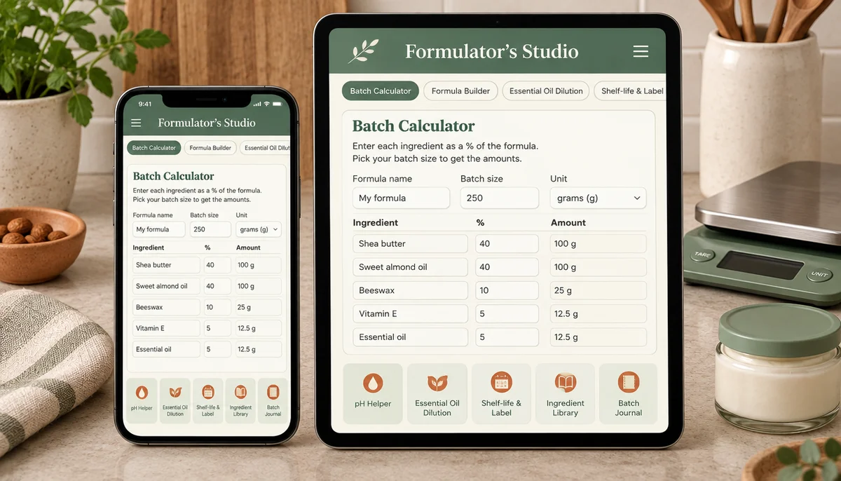 The Formulator's Studio app with batch calculator, formula builder and essential oil dilution tabs