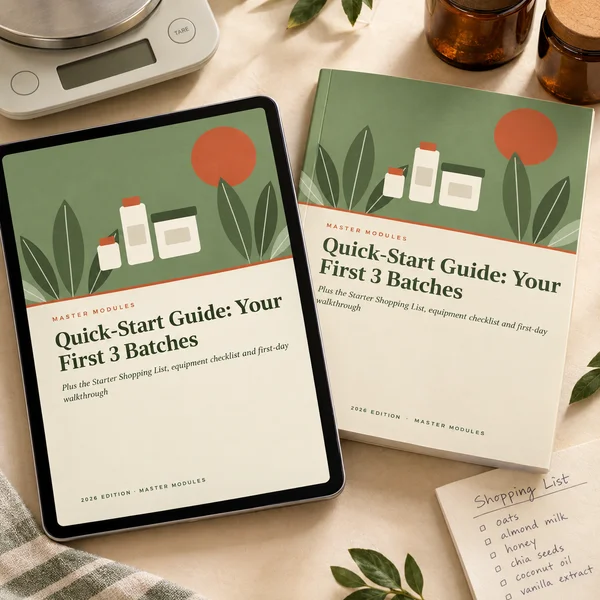 Quick-Start Guide: Your First 3 Batches on a tablet beside a starter shopping list