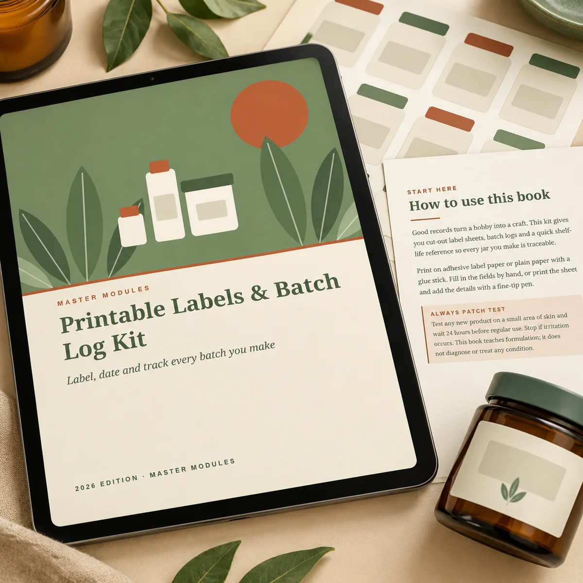 Printable Labels & Batch Log Kit with cut-out label sheets and a batch log for every jar