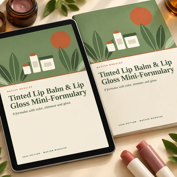 Tinted Lip Balm & Lip Gloss Mini-Formulary with 8 formulas, shown on a tablet and in print