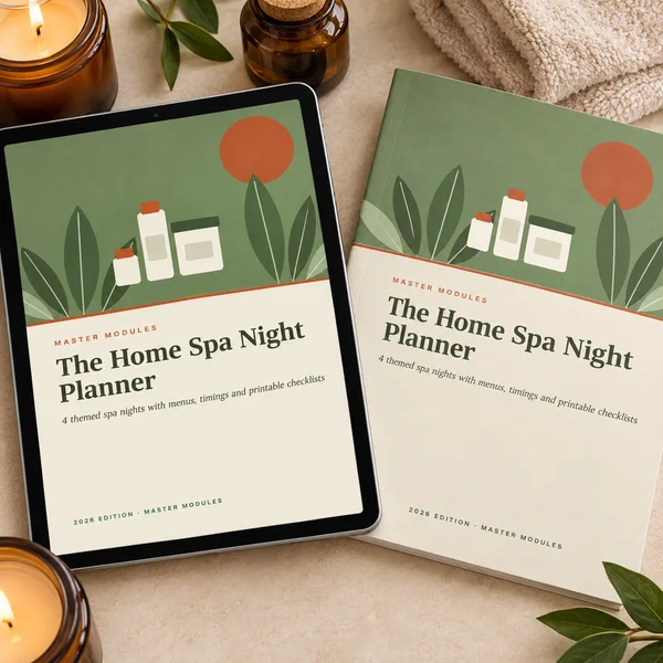 The Home Spa Night Planner with four themed spa nights, shown on a tablet and in print