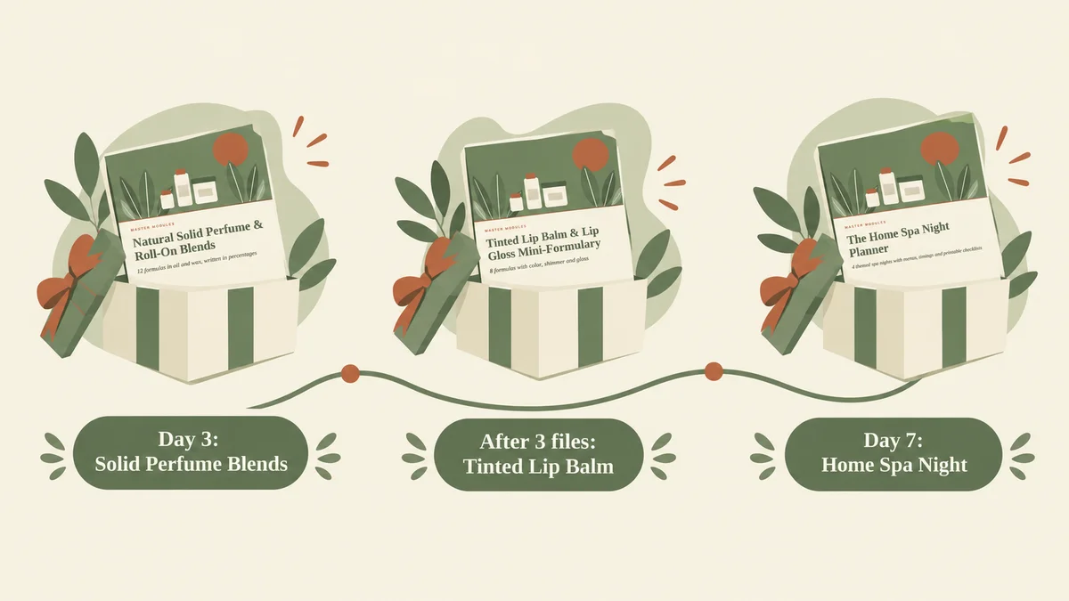 Three gift guides unlocked over time: solid perfume blends, tinted lip balm and a home spa night planner