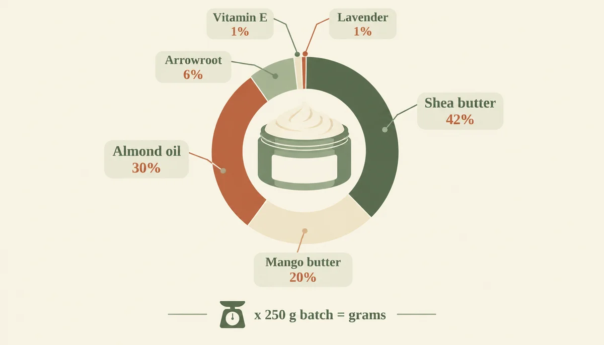 The body butter formula as a chart: shea 42 percent, almond oil 30, mango butter 20, arrowroot 6, vitamin E 1, lavender 1