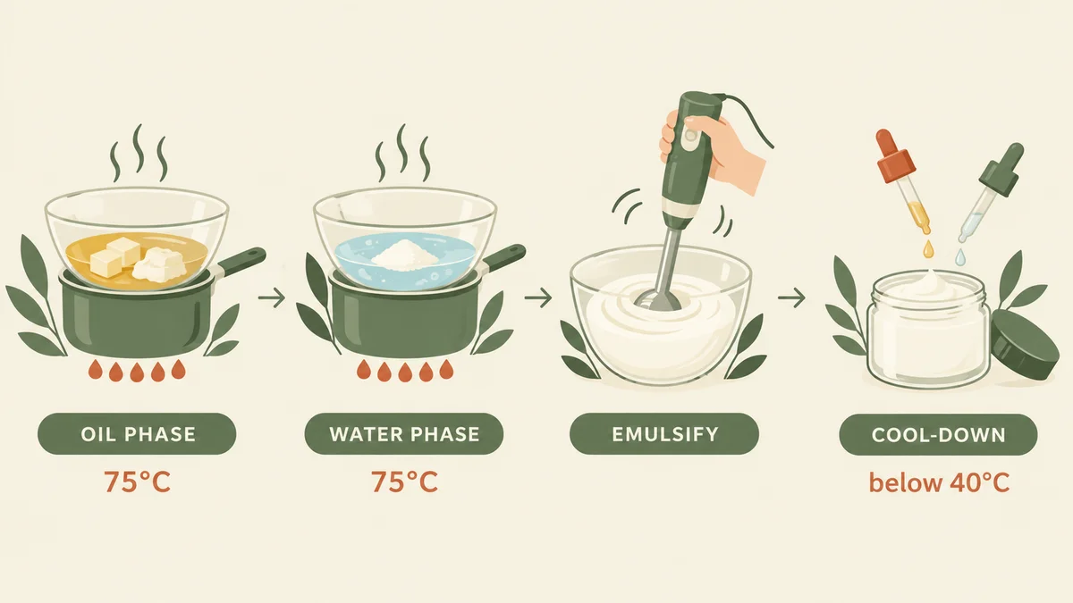 Making lotion in four steps: oil phase, water phase, emulsify with a stick blender and cool down