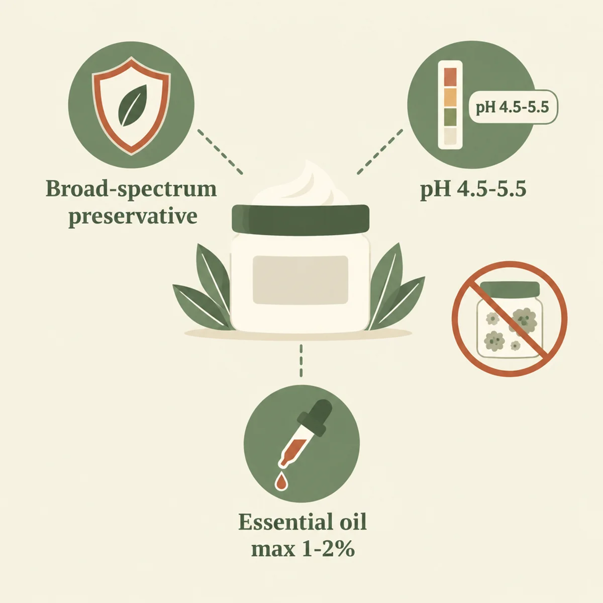 Three safety points for homemade skincare: broad-spectrum preservative, pH 4.5–5.5 and essential oil at 1–2 percent