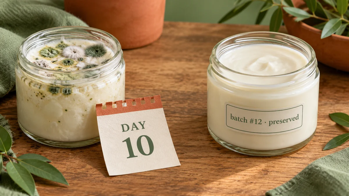 A moldy cream on day 10 beside a preserved batch labeled batch 12
